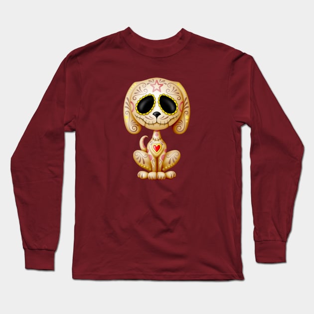 Brown Zombie Sugar Skull Puppy Dog Long Sleeve T-Shirt by jeffbartels